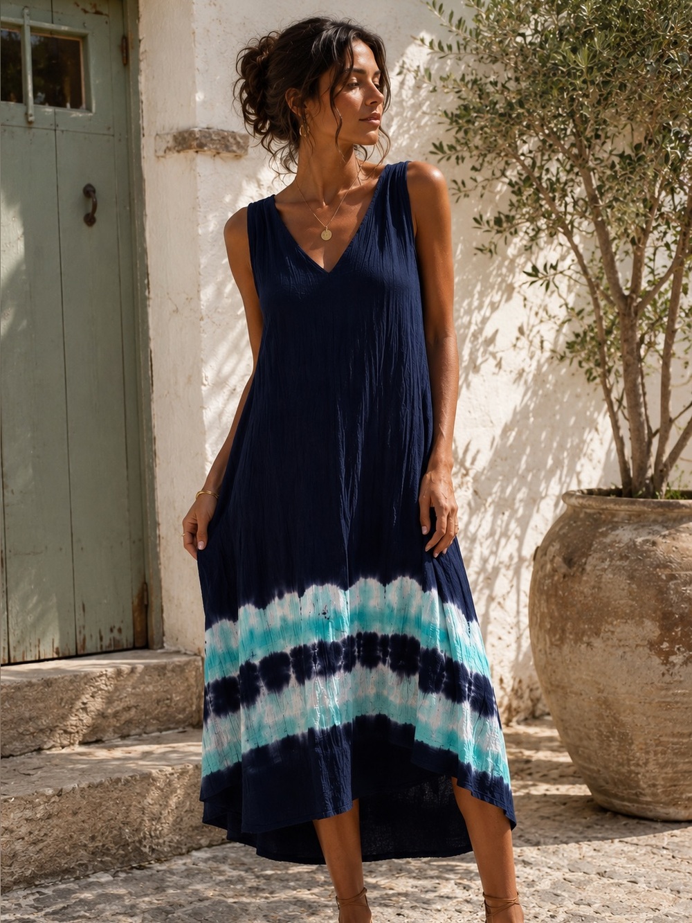 Fresh Produce 100% Cotton Gauze Tie Dye Hi Lo Midi Dress Navy Aqua Coastal Boho